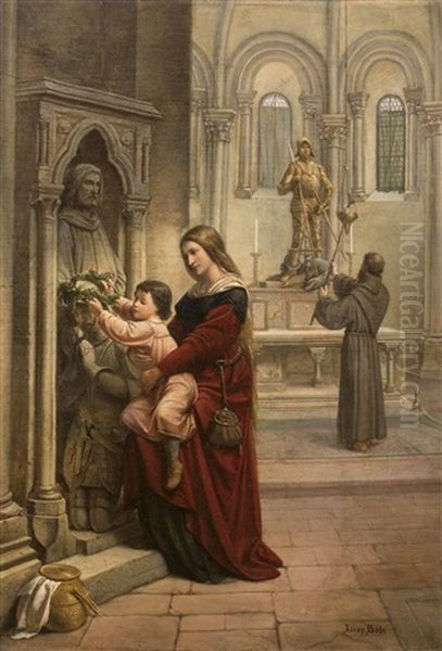 Szene Aus Clemens Brentanos Novelle "die Laurenburger Els": Inneres Einer Mittelalterlichen Kirche Mit Einer Mutter Mit Buben - view 1