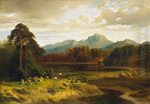 Abendliche Gebirgslandschaft Mit Schafern Und Bauern Bei Der Heuernte by Wilhelm Bode
