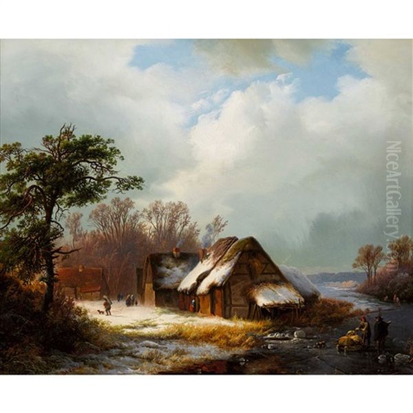 Winterlandschaft Mit Reetdach-hausern Und Vereistem Fluss - view 1