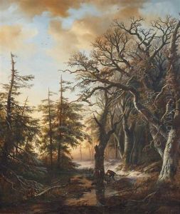 Two Hunters Along A Frozen Stream In A Forest