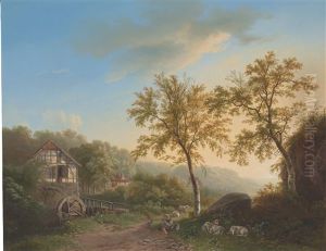 A Hilly Landscape With A Watermill And A Shepherd Boy And His Flock