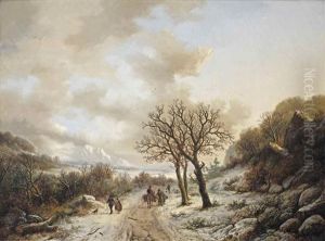 A Sunlit Winter Landscape With Travellers On A Path Near Chambery, France by Willem Bodemann