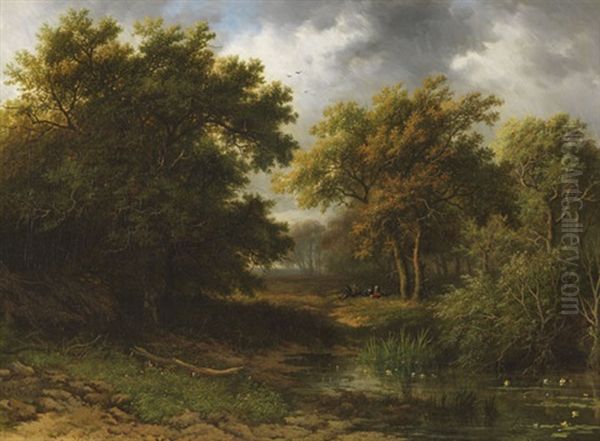 Waldlandschaft Mit Weiher Und Rastenden - view 1