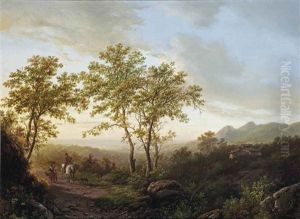 An Italianate Landscape With Travelers On A Sandy Path At Sunset by Willem Bodemann