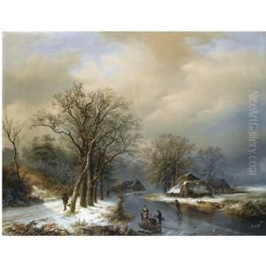 A Winter Landscape With Woodgatherers On The Ice by Willem Bodemann