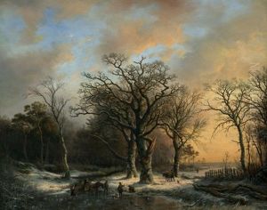 Romantische Winterlandschaft Mit Grosen Eichen Und Bauern Auf Einem Gefrorenen Teich