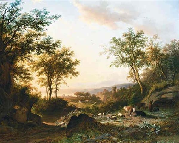 A Panoramic Landscape With Cattle And Herdsmen Resting - view 1