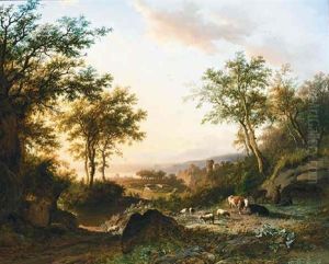 A Panoramic Landscape With Cattle And Herdsmen Resting