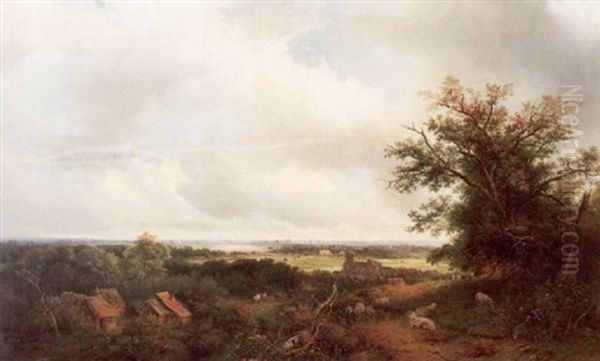 Sommarlandskap Med Byggnader, Figurer Och Boskap - view 1
