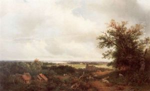 Sommarlandskap Med Byggnader, Figurer Och Boskap by Willem Bodemann