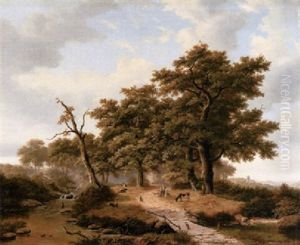 Sommerliche, Bewaldete Fluslandschaft Mit Hirte Und Vieh by Willem Bodemann
