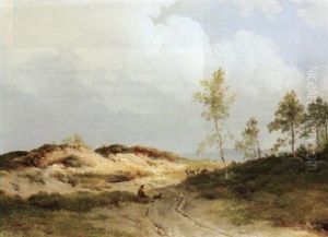 A Shepherd And His Flock In A Dune Landscape by Willem Bodemann