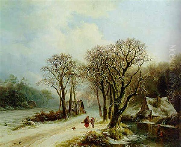 Travellers On A Path In A Winter Forest - view 1