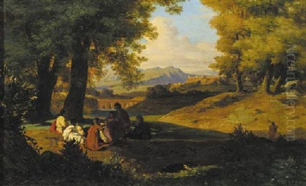 An Italianate Panoramic Landscape With Figures Sitting Under A Tree - view 1
