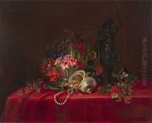 Stilleben Med Skulptur, Skjell Og Blomster Pa Rod Duk by Frants Diderik Boe