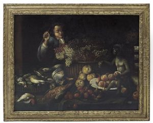Natura Morta Con Frutta, Figura E Scimmia by Peter van Boeckel