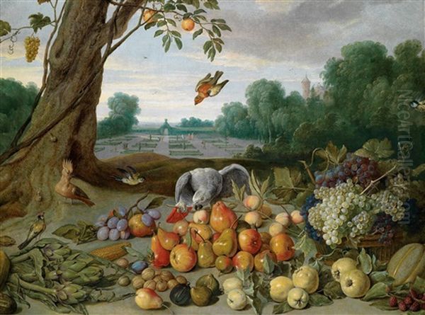 Ein Stillleben Von Apfeln, Birnen, Quitten, Trauben, Pflaumen, Beeren, Feigen, Melone, Nussen Und Artischocken Mit Einem Graupapagei, Einem Wiedehopf Und Singvogeln Vor Einem Formalen Garten - view 1