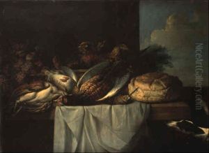 Nature Morte De Gibier, Corbeille De Fruits Et Miche De Pain... by Peter van Boeckel