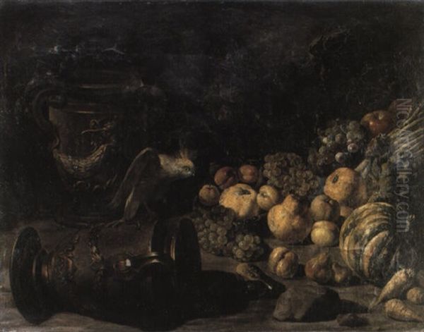 Deux Urnes, Une Perruche, Une Pasteque, Et D'autres Fruits Et Legumes - view 1