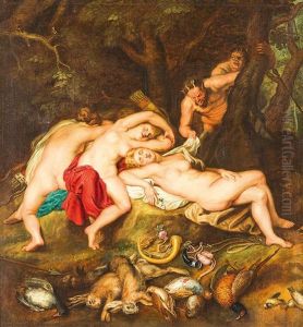 Waldlandschaft Mit Schlafenden Nymphen, Die Von Satyrn Uberrascht Werden by Jan Boeckhorst