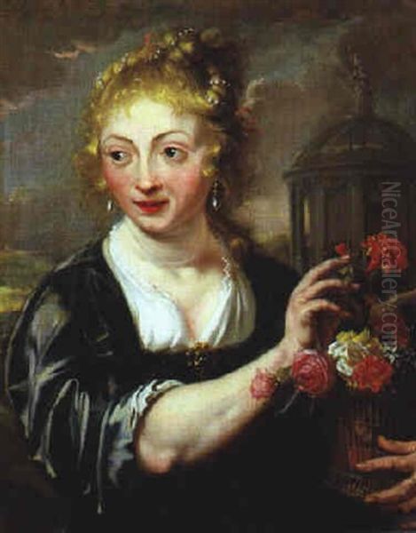 Blonde Junge Frau Mit Blumenkorb - view 1