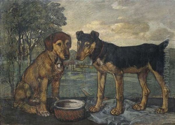 Zwei Hunde Vor Landschaftshintergrund - view 1