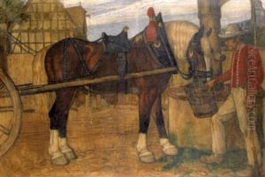 Einspanner An Der Tranke Or Gutshof Und Kirche by Fritz Boehle