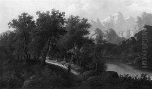 A Wooded Alpine Landscape With A Traveller On A Forest Lane Along A Stream by Adolf Boehm