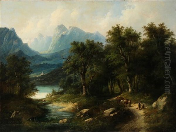 Mountain Scene From Styria With Travellers Resting By A Road - view 1