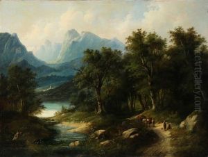 Mountain Scene From Styria With Travellers Resting By A Road by Eduard Boehm