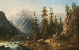Promeneur Au Bord De La Cascade Sur Fond De Paysage Montagneux