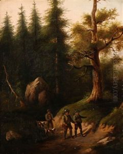 Forest Scene With Three Hunters And Their Dogs by Eduard Boehm