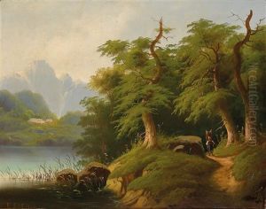 Mountain Lake With Decorative Figures