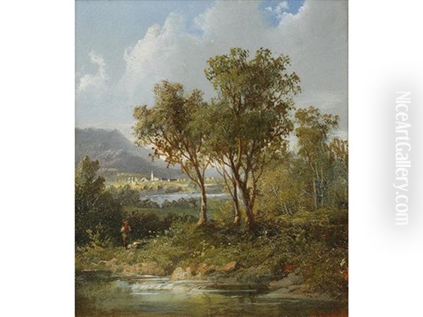 Figure Beside A Lake With Distant Mountains - view 1
