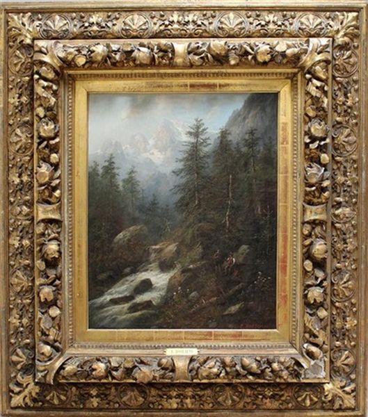 Gebirgslandschaft Mit Jagern Und Wildbach - view 1