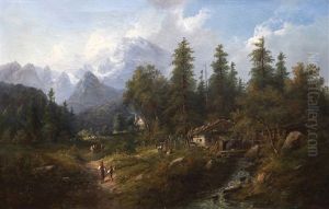 Alpska Krajina S Vodnim Mlynem A Figuralni Stafazi by Eduard Boehm