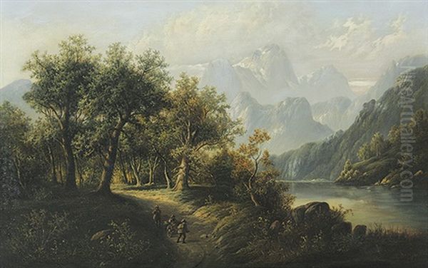 Wanderer Am Fluslauf In Voralpenlandschaft - view 1