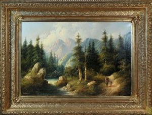 Idyllische Waldlandschaft Mit Reisigsammlern Am Bachlauf Und Blick Auf Die Alpen