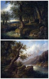 Figure In River Landscape And Lakeland View (2 Works) by Eduard Boehm