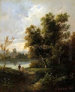 Waldenelsehaft Aus Steurmark, Wooded River Landscape With Father And Child On A Pathway by Eduard Boehm