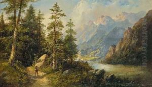 Wanderer An Einem Fluss Im Gebirge by Eduard Boehm