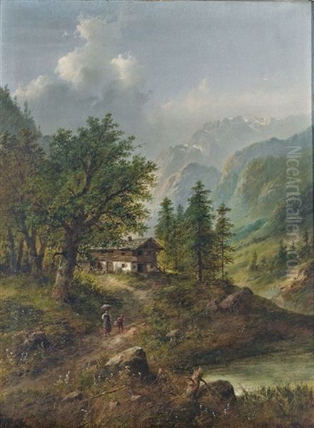 Gebirgslandschaft In Den Alpen Mit Malerischem Gehoft Und Figurenstaffage - view 1
