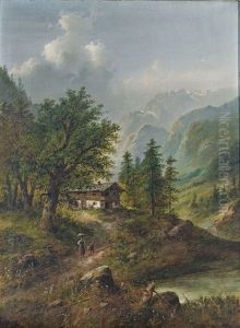 Gebirgslandschaft In Den Alpen Mit Malerischem Gehoft Und Figurenstaffage by Eduard Boehm