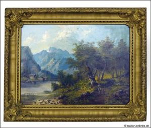 Alpenlandschaft Mit Hausergruppe An Gebirgssee Und Figurenstaffage by Eduard Boehm