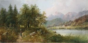 Blick Uber Flus Und Gehoft Auf Alpenmassiv Mit Personenstaffage Blick Uber Flus Und Gehoft Auf Alpenmassiv Mit Personenstaffage