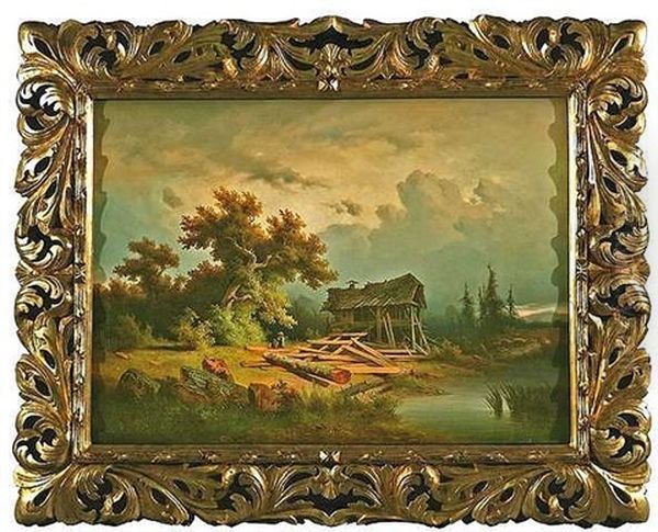 Wolkenverhangene Landschaft Mit Einem Sagewerk Am Ufer Eines Sees - view 1
