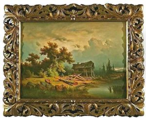 Wolkenverhangene Landschaft Mit Einem Sagewerk Am Ufer Eines Sees by Eduard Boehm