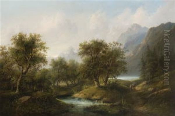 Wanderndes Bauernpaar Am Wasser In Gebirgslandschaft - view 1