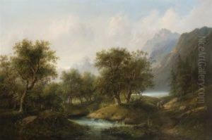 Wanderndes Bauernpaar Am Wasser In Gebirgslandschaft