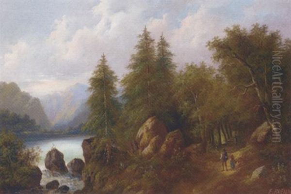 Travellers In A Wooded River Landscape - view 1